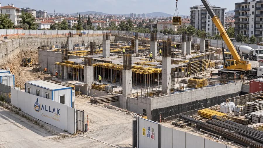 Bodrum katın kolon ve döşeme kalıplarının kurulduğu geniş saha; kenarda seyyar vinç