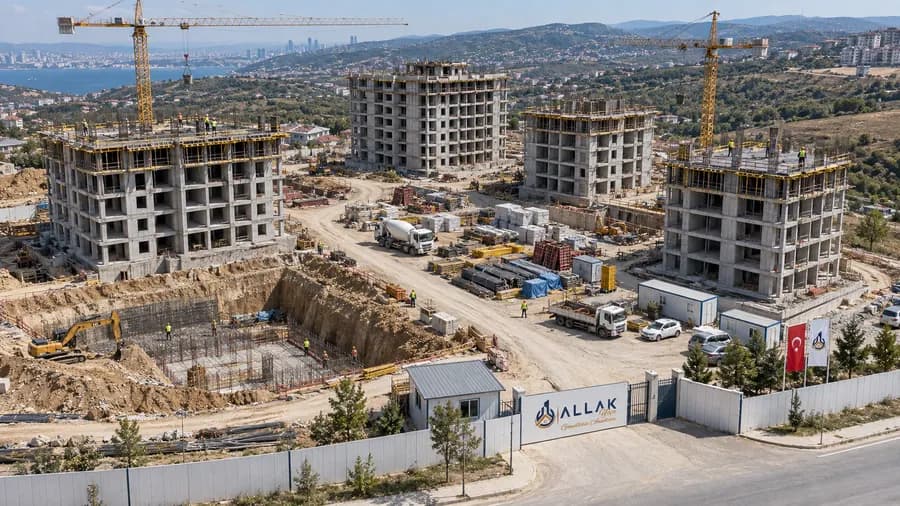 Denize bakan yamaçta aynı anda yükselen dört konut bloğunun havadan görünümü