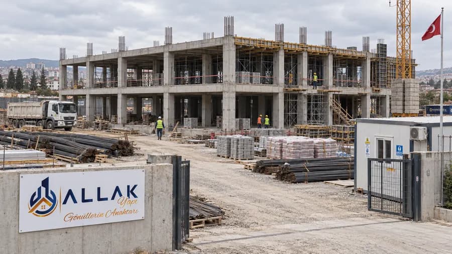 İki katlı, geniş açıklıklı betonarme karkas; önünde demet hâlinde inşaat demiri ve şantiye kapısı