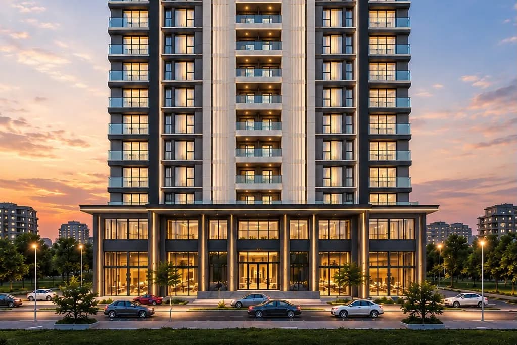 Miray Panorama'nın zemin katındaki cam vitrinli girişi ve önündeki otopark düzeni